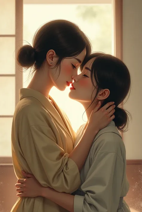 Create an image of a 34-year-old Japanese mother kissing her 19-year-old daughter 