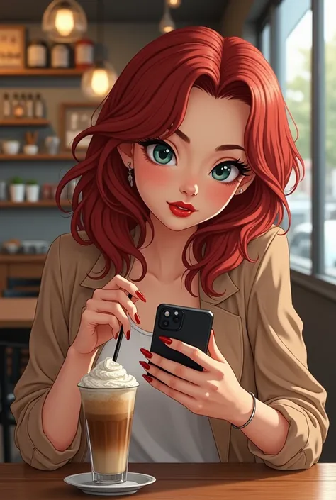  Iria sips her iced coffee, her perfectly manicured fingers click on her phone screen .  , her eyes are raised from her device, her blue eyes are walking around the coffee shop with a glimpse of entertainment .  . Her gaze lands on Foam Goashy, and a misch...