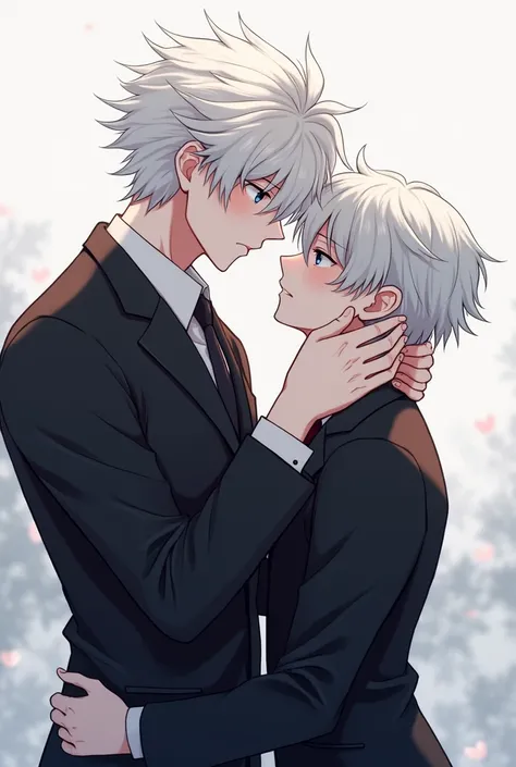 Anime,2 boys they are gay.One boy has white fluffy hair he is very tall he is wear black cool jacket and His right hand held his mates cheek and bit his cheek. Other boy has silver fluffy hair he is wear black business suit and his face is blushing when hi...