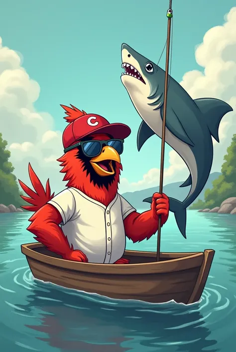  Cardinal bird with a red baseball cap and a white baseball shirt.
The cardinal bird is in a fishing boat , 
 The cardinal bird is posing next to a shark that is hanging by its tail.
 The cardinal bird has sunglasses .
The cardinal bird is smiling .