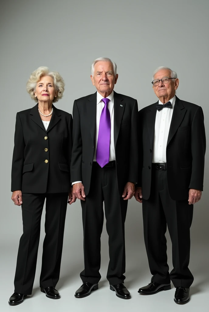 Realistic photograph of three old men (one woman and two men) posing for the camera in a defiant attitude. All three are wearing tuxedos, however none of the three are wearing pants. purple tie.