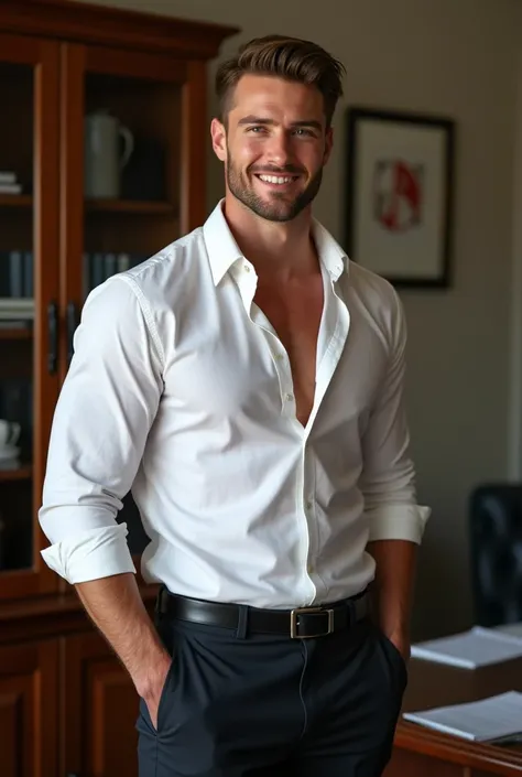 A tall, hot, handsome, muscular young man in his 20s works as a bail bond agent, standing in front of his office, a mix of professionalism and undeniable allure. His smooth white skin contrasts with the serious tone of his office, with clean lines and a po...