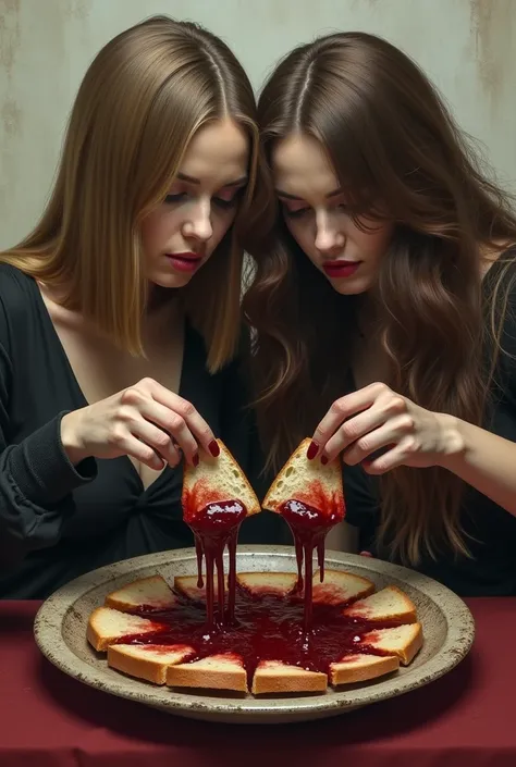 Two women, one with straight brownish blonde hair , one with brown wavy hair, dipping a slice of bread into a plate with dark blood inside