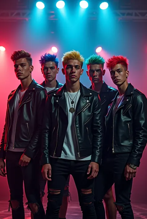 a european punk rock boy band, five beautiful boys, detailed portraits, highly realistic, photorealistic, incredibly detailed facial features, beautiful eyes, full lips, sharp jawlines, long hair, brown hair, yellow hair, blu hair, red hair, green hair, bl...