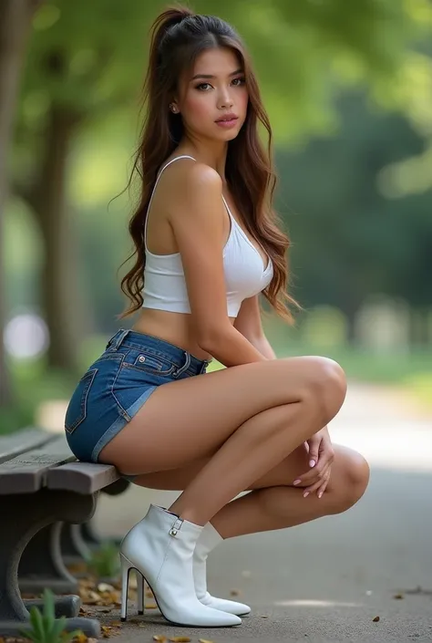 Close up view of a beautiful young busty teenage girl,in city park Posing Kneeling on park bench showing her slender legs and beautiful high heeled shoes, voluptuous figure. She has long brown hair, large breasts and cleavage. Wearing in a ponytail. She ha...