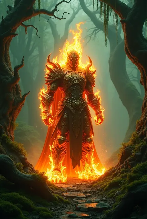 Fantasy dark green land with warrior in flaming suit