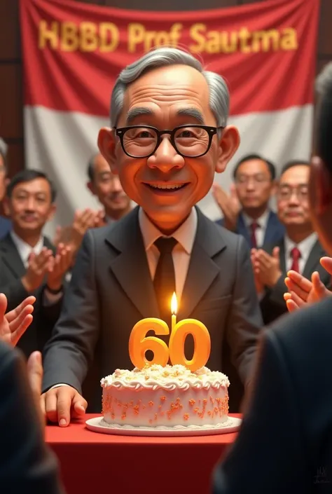 an Indonesian middle aged man is celebrating his birthday attended by the president of Indonesia.   A little bit skinny, brown skin, regular Asian height.  Wearing glassess. There is a cake with candle number 60. There is a banner behind with a writing "HB...