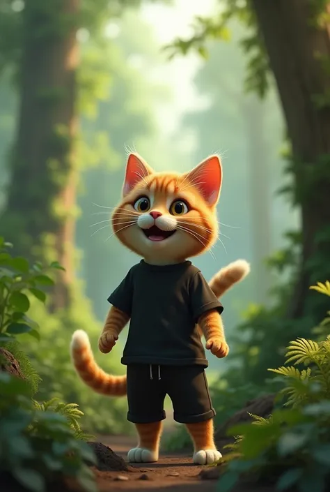 A happy Brown lady cat in black short and black tshirt seeing front and shocked front in forest