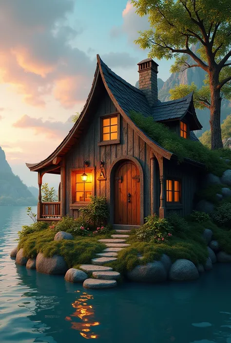  Create a rustic wooden house on an island in the style of Pixer and Disney, The scenery this evening ,  the window of the house is open and a lamp shines on the window .  The house has a cozy tone .