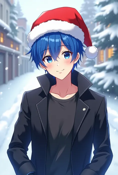 Anime  male with blue hair and blue eyes wearing Santa hat, black jacket smiling proudly with mouth closed in the winter