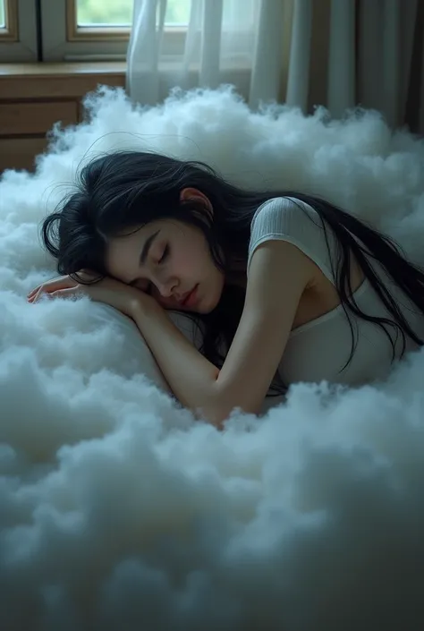 Realistic, In bed room, teen girl with depression laying on cloud, sleep, bang, long black hair