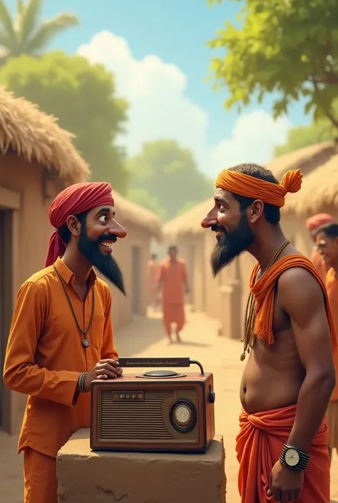 "Hariya Kaka joked, The radio must have stopped working because Sarpanch Ji didn’t feed it! The Sarpanch, looking puzzled and concerned, replied, Since when did radios start eating food? The scene depicts the humorous exchange in a rustic village setting, ...