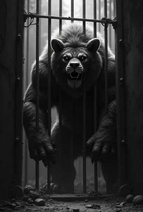 Black and white image depicting a caged beast.