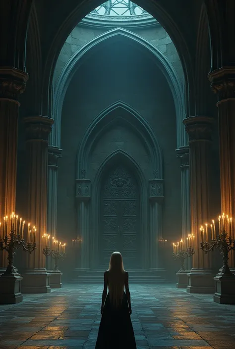 A massive gothic dark hall with high arches and an eerie atmosphere. Unlit candles line on the side. In the center, three ornate doors stand tall. A blonde-haired female elf, seen from behind, examines the doors.