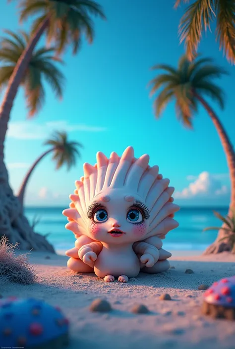 On the shore of the beach, a conch with big eyes and huge eyelashes, with a bright bluish light in the sky, chocolate palms float in the sand, there are bright blue mushrooms, fluorescent canaillas appear with hairs in the armpits. 