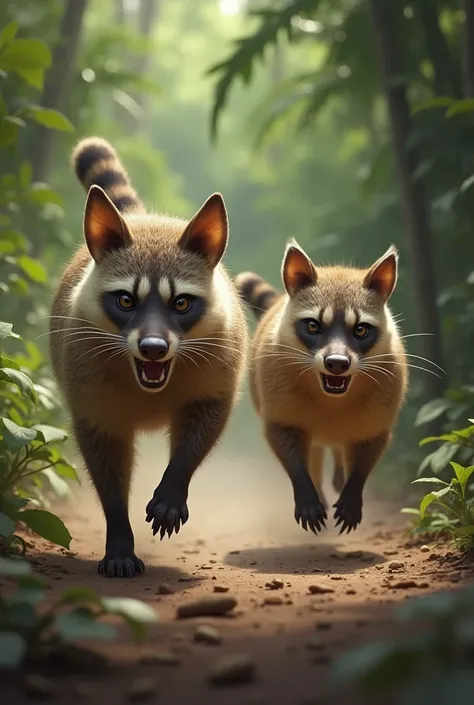 Two coatis fleeing from the ocelot 