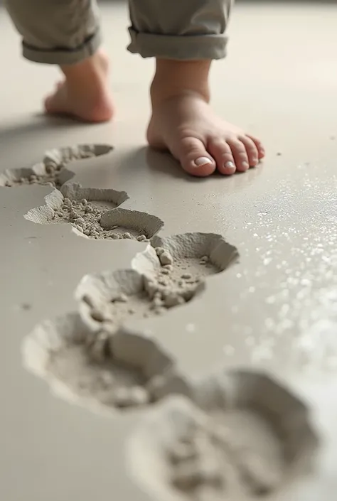 Feet taking steps in soft cement