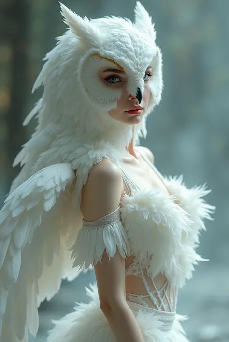 A woman with sexy full-body white owl features in ballet clothing 
