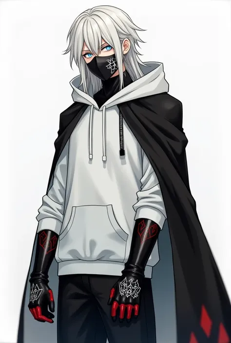 ( description )
Guy  
Has a bad character and is very covetous
Has long white hair and blue eyes
He is unemotional 
- (clothing )
 He is dressed in a white hoodie and a black cape
Black pants and mask with white patterns
Black leather gloves with red patte...