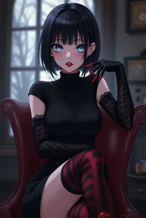 Anime. Mavis is a beautiful young vampire woman with a slim-yet-curvy figure, small fangs, pale-fair skin, light blue eyes framed by long eyelashes, short black hair with flipped-out ends and V-shaped bangs. She also wore black lipstick, black nail polish ...