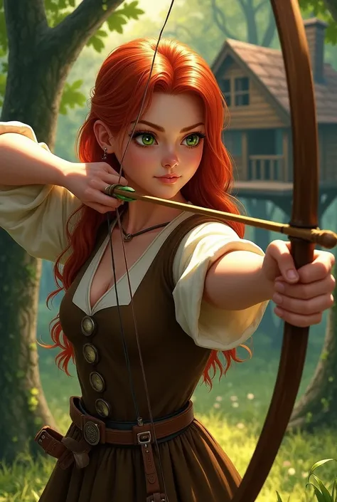  Cris the image of a young woman with red hair and green eyes,  her clothes and peasant style in the colors brown and white . she is in a forest,  with a bow and arrow in her hands in a position to shoot . In the background a tree house .  The scene has th...