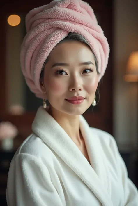 A sexy still very young looking 50 yearsold mature Chinese girl with a pink hair towel completely covering her head she is getting married wearing a bathrobe standing in a makeup room full bod y view High-k ey lighting Style, 1girl, sol o,gray hair, comple...