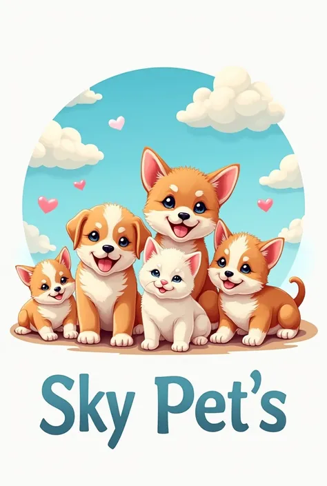 Logo with the word Sky Pets and put on puppies and kittens 