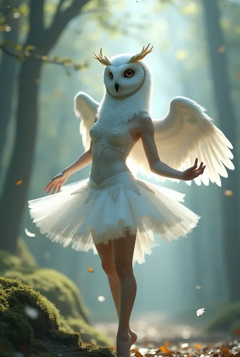 A white owl woman in ballet clothes 