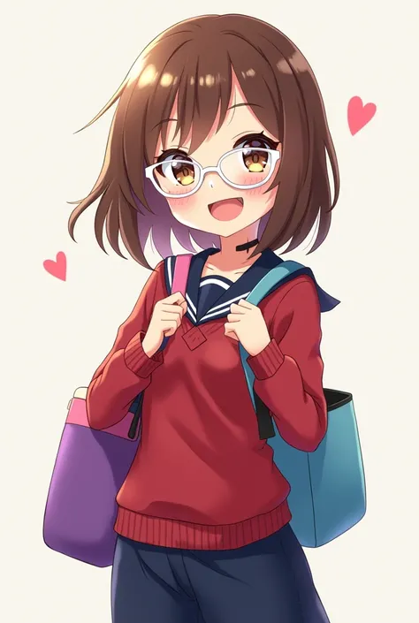 An anime girl wears white glasses, has braces, wears a red school uniform, navy blue pants, and a mixed bag of sky blue, purple, and pink. She smiles lightly, her hair is brown, her eyes are hazel, and she stands with beautiful features. 