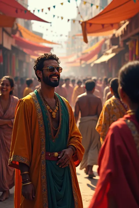 People celebrating in a vibrant marketplace. The mood is joyous as everyone, irrespective of status, mingles freely. Ouj, disguised as a common man, smiles in the background.
