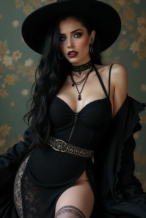 A witch,  Beautiful punk artistic gothic ,  full body view ,  a witch queen ,  full body pose majestic and sexy , Resting,  incredibly long hair falling down to the waist , voluminous and wavy natural black hair with incredible detail and texture, a( knitt...