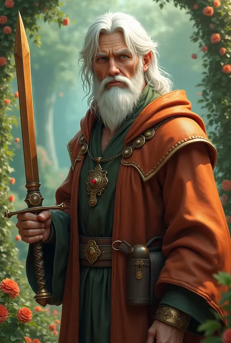 Create final fantasy style a handsome elderly man with medium pearlescent white hair with green eyes with a pearlescent white beard wearing a copper-colored robe with ornaments holding a metallic copper dagger in a beautiful garden 