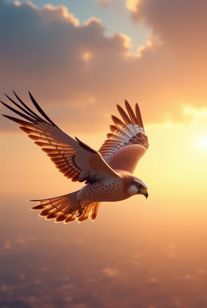 A majestic falcon flying high in the dynamic sky during sun rise time, natural lighting, photorealistic and cinematic