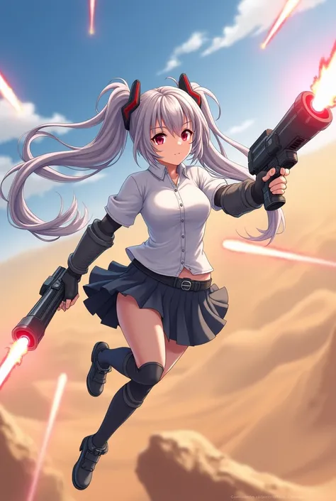 anime girl with grey and twintail hair,mature body and red eyes,carrying 4 prism cannon that shoot lasers in each direction while flying,background desert,white shirt,palm expression