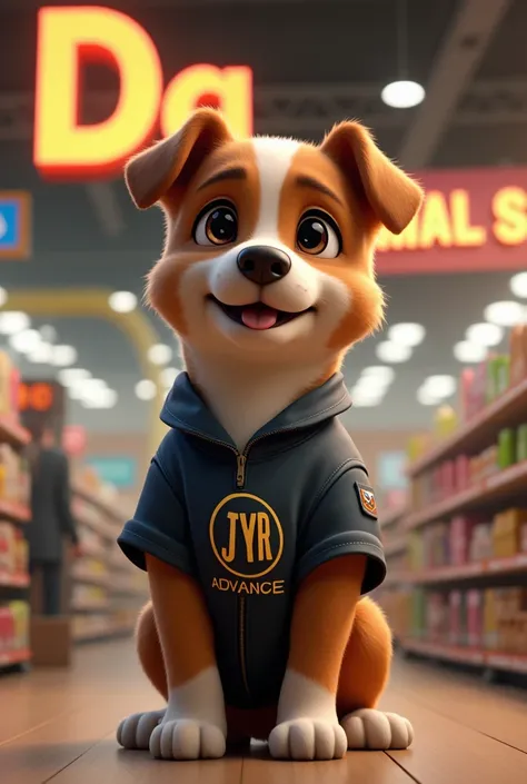 A dog dog in a work uniform that has a logo in the shape of a circle that says J Y R in gold capital letter and the logo below that says advance, in a large pet supermarket , In the supermarket that says animal shop on a luminous sign in gold color 