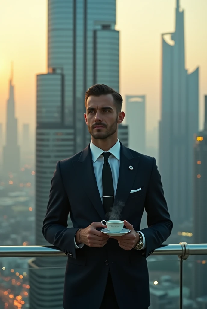 a man in a suit at the top of burj khalifa holding a cup of tea, highly detailed, realistic, photographic, 8k, hyperrealistic, cinematic lighting, dramatic composition, moody colors, elegant, classy, refined, sophisticated, sharp focus, intricate details