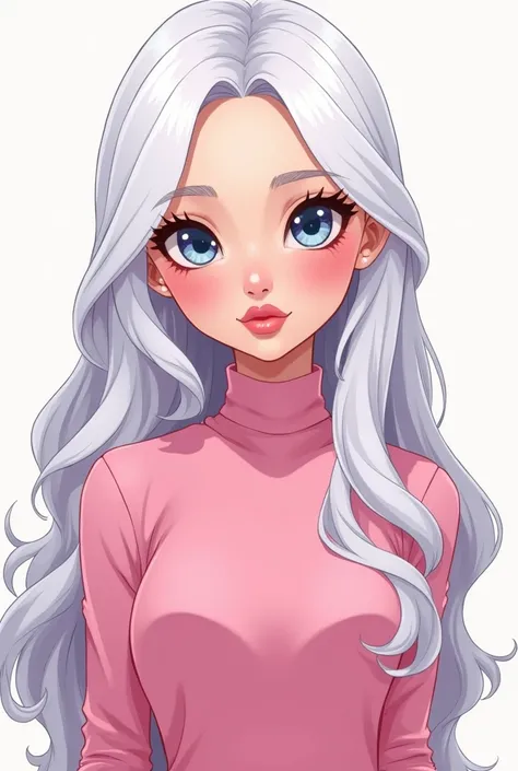  Create a cartoon girl with long white hair,  image that adds atmosphere to her character .  and long false eyelashes , filled with life ,  that emphasize her look ,  filled with life . She is wearing a stylish pink outfit top ,  She is wearing stylish pin...