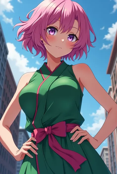 Full body image of anime teenage girl has short frizzy pink hair and purple eyes like Momo in  the To LOVE-Ru manga, bigger bust size looks more mature. Flirty and naughtiness on face. Wears sleeveless green warrior hanfu. Uses time manipulation magic.scor...