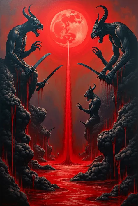 Demon world, night, painting, mural, moon, sea of ​​blood, blood fountain, blade, scissors, knife