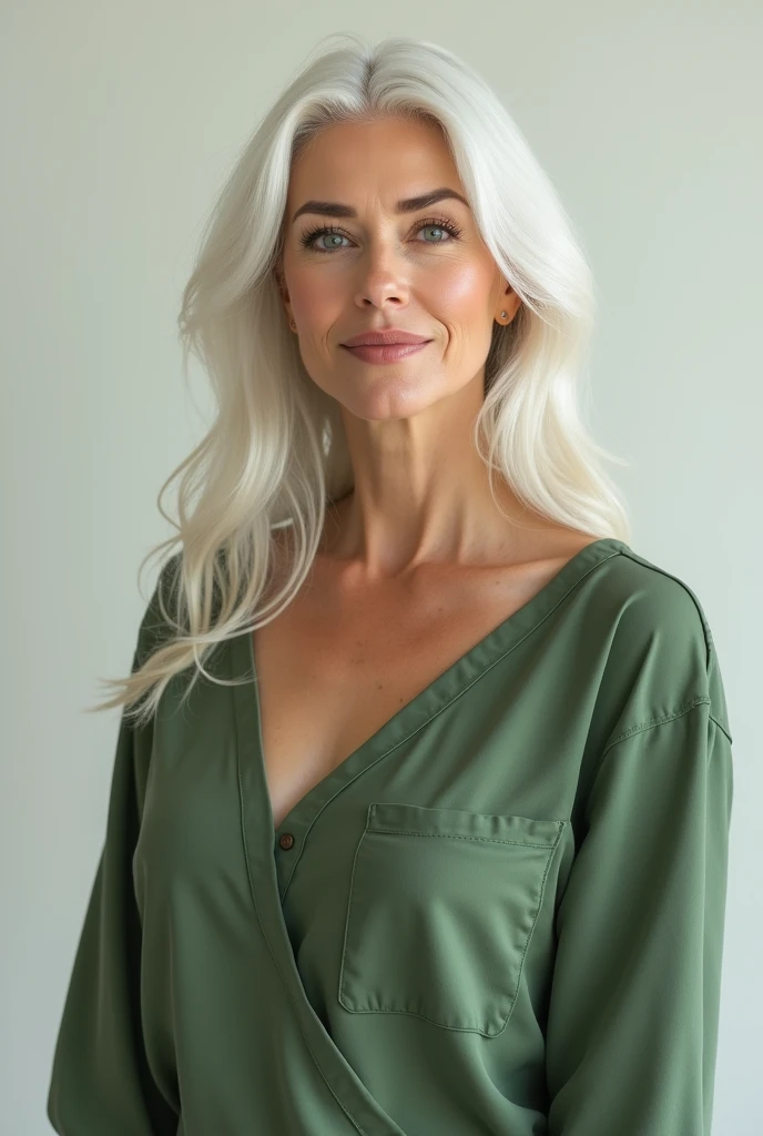 White women,  complete white skin colour , white long hair in her 40s with realy big  boobs that dont revealing but you can see some of them in the top, smooth green t-shirt with tiny pocket in the left side of the shirt .

Much Bigger boobs, no makeup , a...