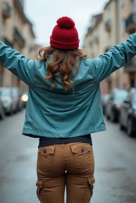 Real photo,shot from behind over the shoulder a woman with medium body, shoulder length wavy hair, light blue winter jacket, brown cargo pant, red beannie, standing and stretching hands. Real photo, shot from behind, over the shoulder 