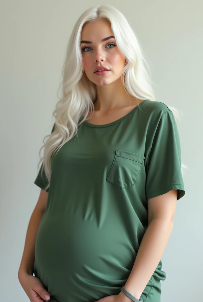 White women,  complete white skin colour , white long hair in her 30s with realy big  boobs that dont revealing but you can see some of them in the top, smooth green smooth t-shirt with tiny pocket in the right side of the shirt .

Much much big boobs, no ...