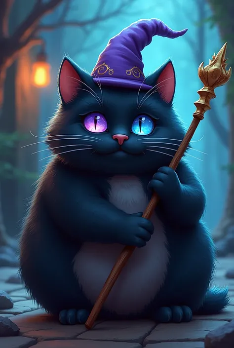  A chubby cat colored black with magic white , one of his eyes is purple and the other blue ,  holds a magic staff and wears a wizards hat.