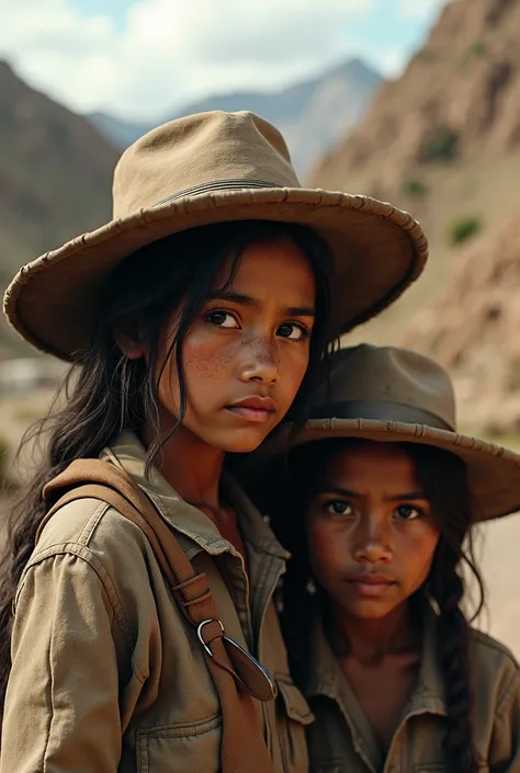 Peasant girls from Peru extreme poverty wearing hats 