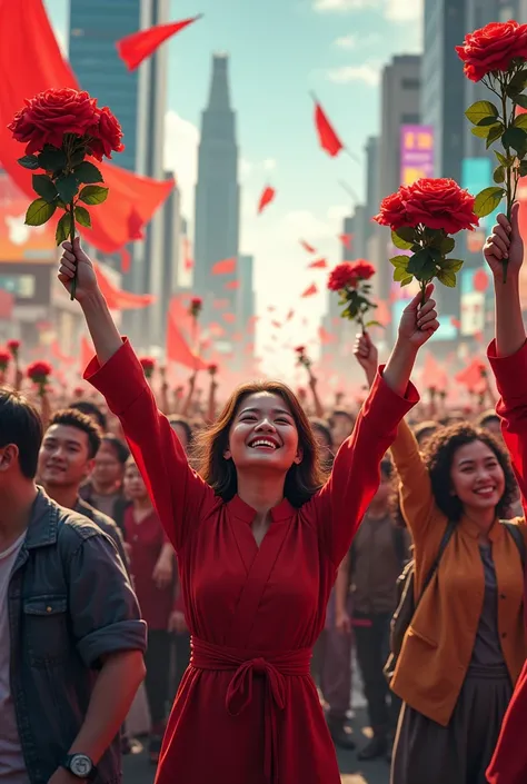 A crowd of Asian revolutionary happy people holding a roses