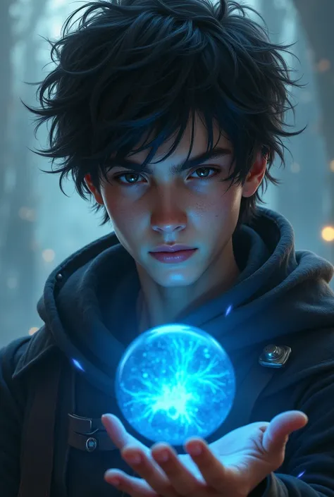 a close up of a person holding a blue ball in their hand, a character portrait by Yang J, Artstation, fantasy art, caleb from critical role, as a dnd character, young shadow mage male, l critical role, mage, picture of a male cleric, dnd character, kaladin...