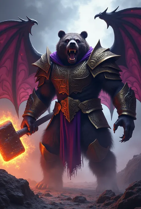 "Ultra-realistic photo of an anthropomorphic bear warrior representing the sin of Gluttony. His massive form is clad in deep purple and gold armor with intricate engravings resembling mouths and claws. Giant bat-like wings stretch from his back, their vein...