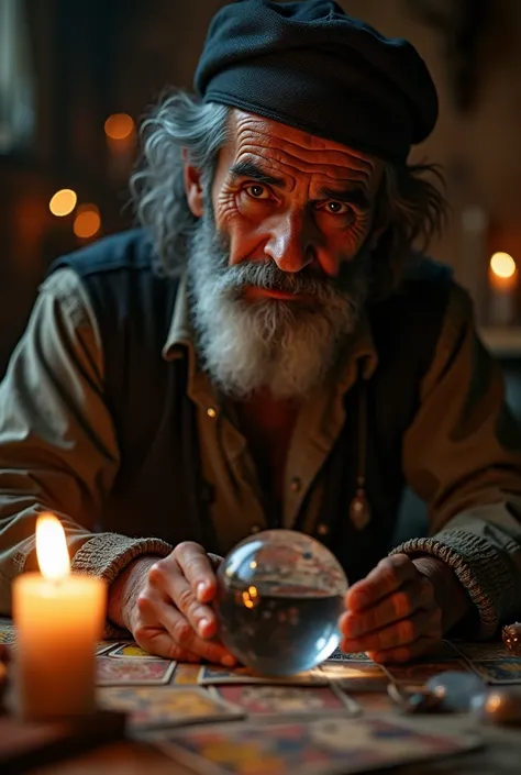 old black, In a Spiritist terreiro,  the angle is closer to the man
He is a gypsy and does work with cards. The environment has candles ,  cards and crystal ball .  your face is one of hope and joy 