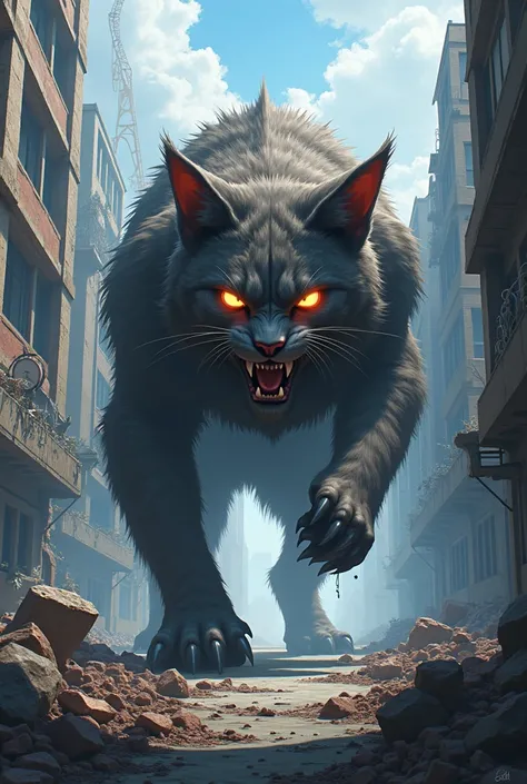 Creepy giant cat, predator, Attacking,  anime style , in a destroyed urban setting
