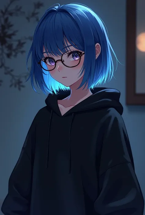  Gothic with short hair and blue lock, wear glasses, very beautiful, cute anime-style ,  long black sweatshirt  